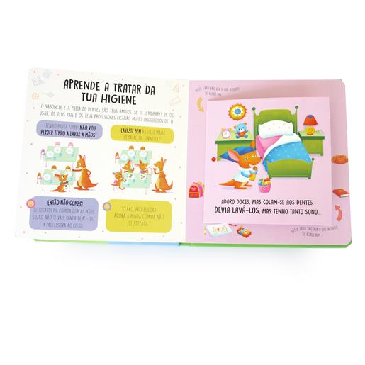 Página interna do livro "O Meu Primeiro Livro de Abas Crescer", com ilustrações e texto sobre higiene e comportamentos à mesa.