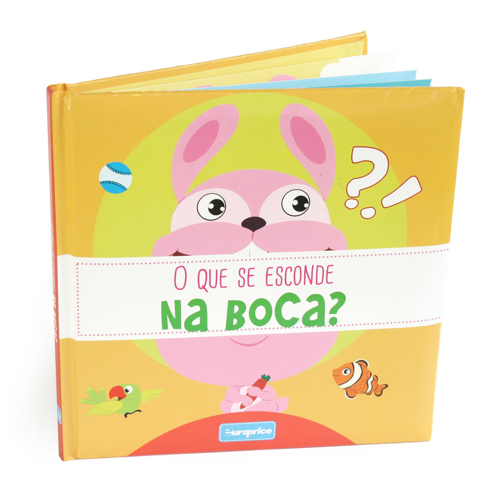 Imagem do livro "O Que Se Esconde Na Boca?", mostrando a capa com um coelho e ilustrações divertidas de objetos escondidos.