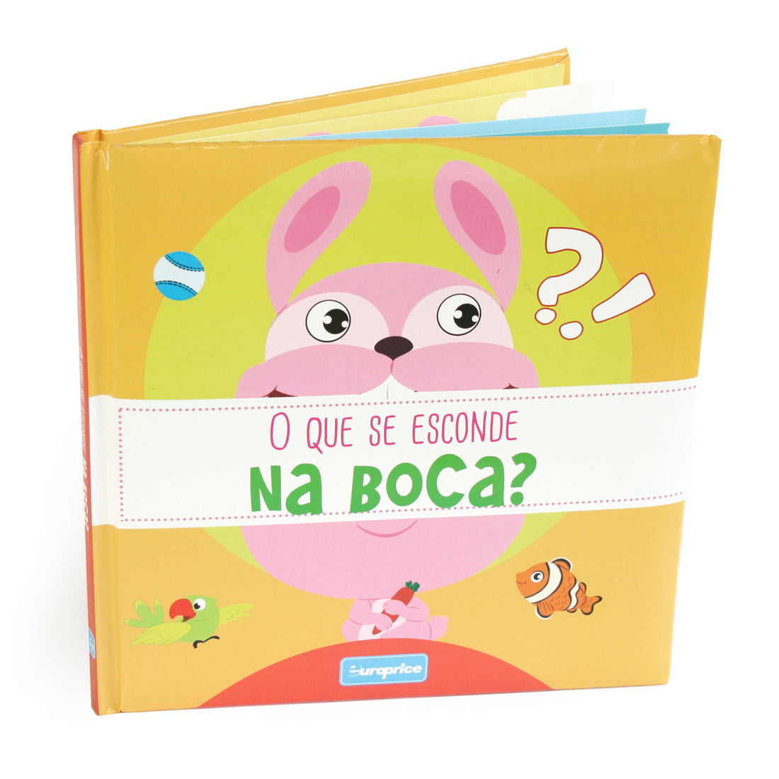 Imagem do livro "O Que Se Esconde Na Boca?", mostrando a capa com um coelho e ilustrações divertidas de objetos escondidos.