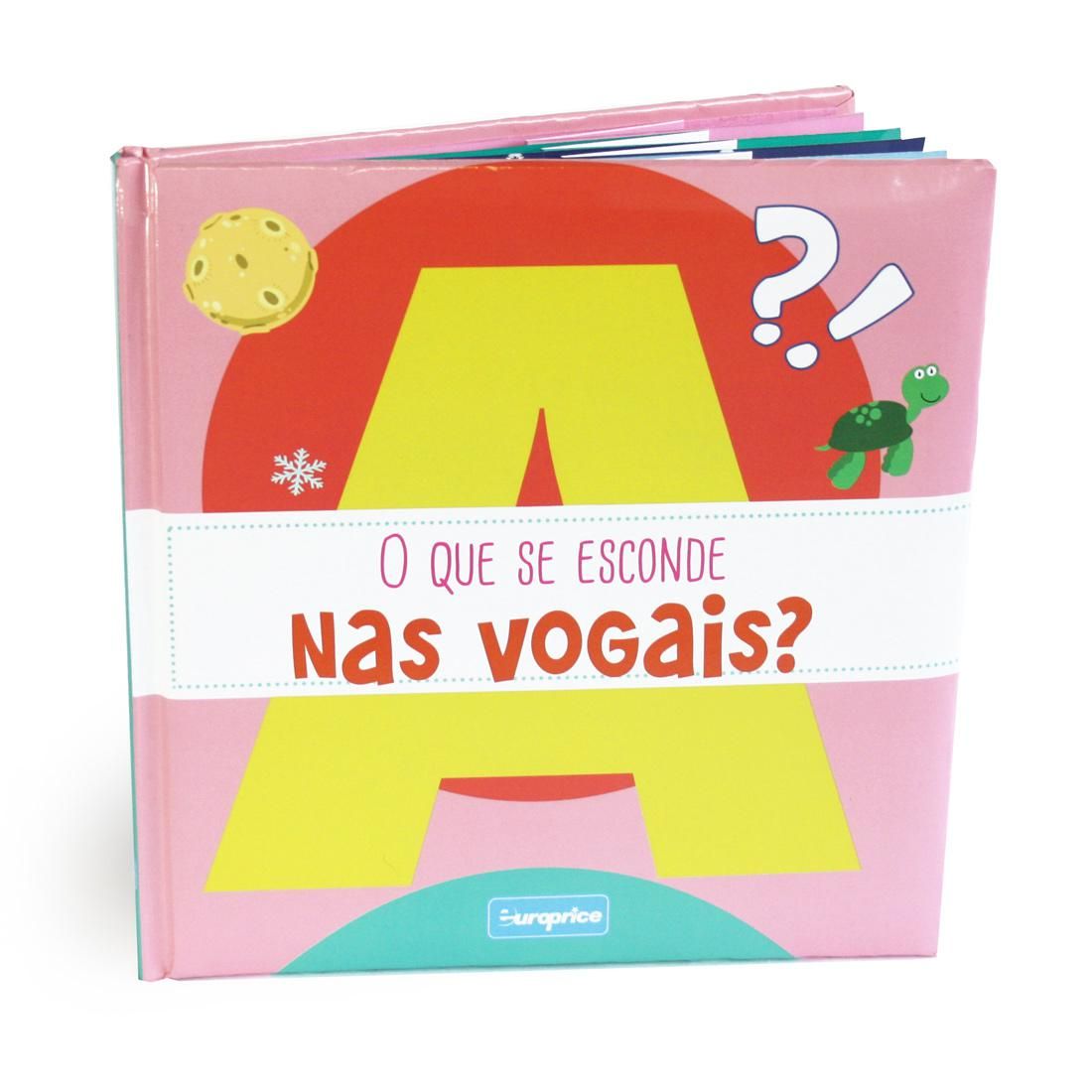 Imagem do livro "O Que Se Esconde Nas Vogais?", mostrando a capa com a letra A e ilustrações divertidas de objetos escondidos.