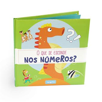Imagem do livro "O Que Se Esconde Nos Números?", mostrando a capa com um cavalo-marinho e ilustrações divertidas de objetos escondidos.