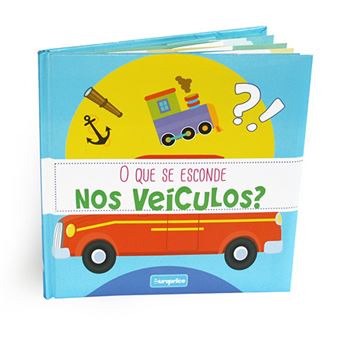 Imagem do livro "O Que Se Esconde Nos Veículos?", mostrando a capa com um carro vermelho e ilustrações divertidas de objetos escondidos.