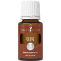 Frasco de óleo essencial Clove da Young Living de 15ml com tampa branca sobre fundo branco.