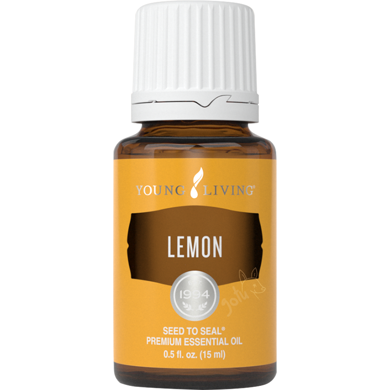 Garrafa de óleo essencial de limão Young Living sobre fundo neutro