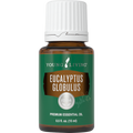 Frasco de 15ml de óleo essencial Young Living Eucalyptus Globulus com rótulo verde e tampa branca.