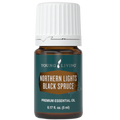 Frasco de óleo essencial Young Living Northern Lights Black Spruce de 5ml com tampa branca e rótulo verde escuro.