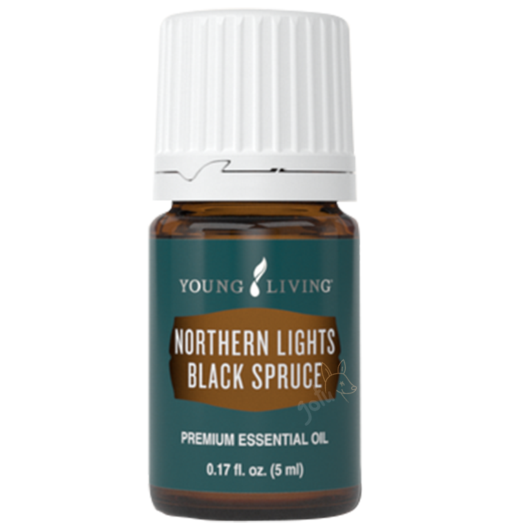 Frasco de óleo essencial Young Living Northern Lights Black Spruce de 5ml com tampa branca e rótulo verde escuro.