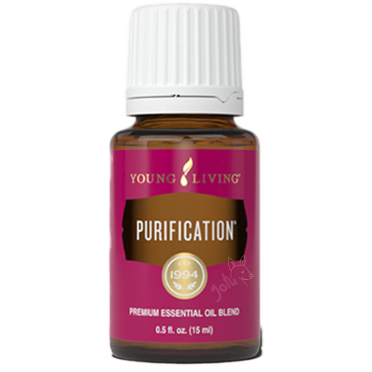 Frasco de óleo essencial Purification da Young Living de 15ml com rótulo fúcsia.