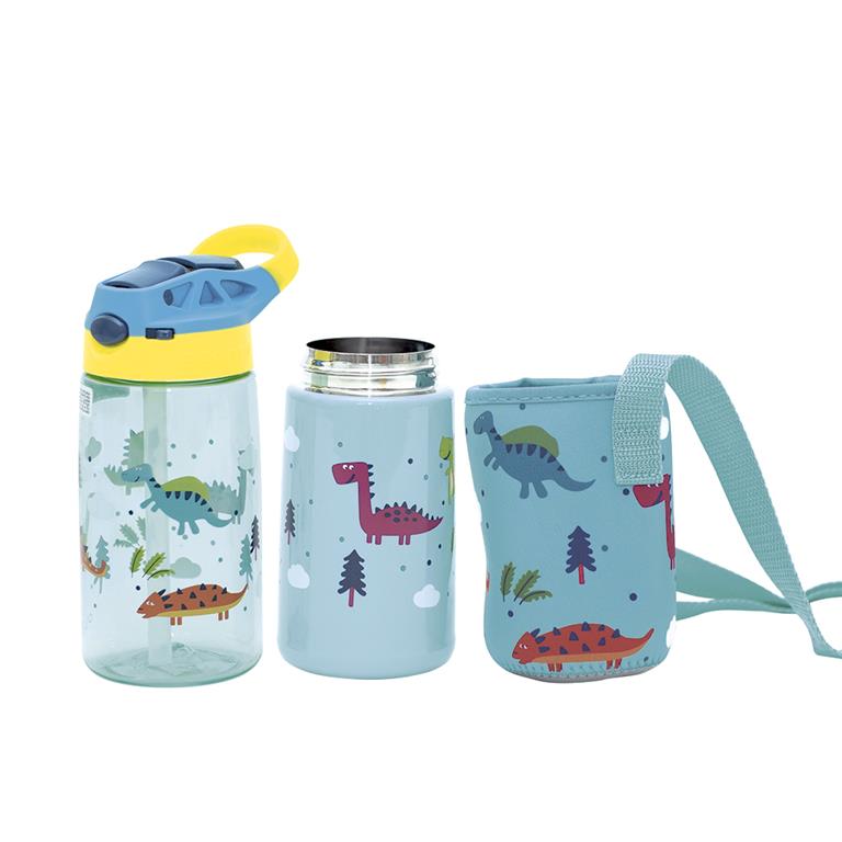 Conjunto de duas garrafas Olmitos com tema dinossauro: uma de Tritan azul (500ml) e uma de aço inoxidável verde (350ml), com tampas.