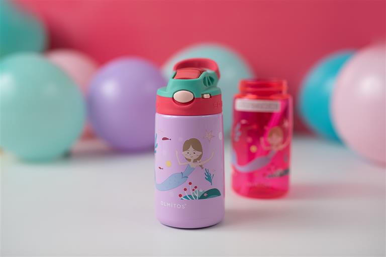 Conjunto completo das duas garrafas Olmitos Sereia: garrafa Tritan 500ml e garrafa Aço Inoxidável 350ml, com saco de transporte de neopreno.