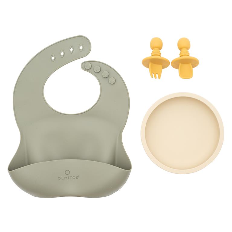 Imagem principal do Olmitos Conjunto de alimentação 4 peças, mostrando a tigela com ventosa, babete, garfo e colher em silicone de cor azul-claro.