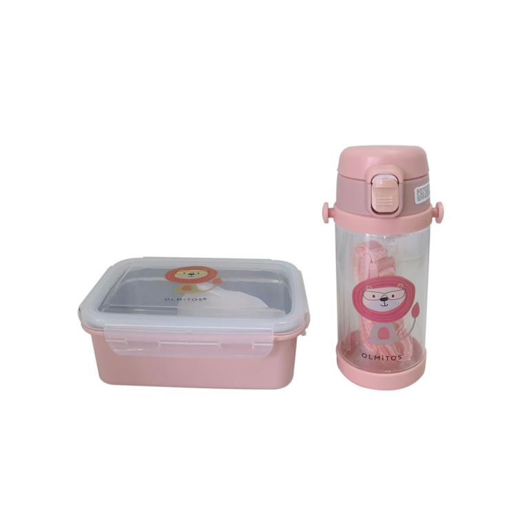 Conjunto Olmitos Leão: lunchbox com 2 compartimentos e garrafa Tritan de 350ml com palha e bico.