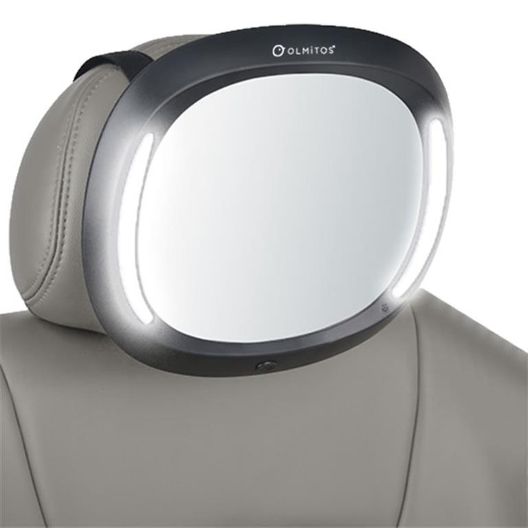 Espelho de segurança auto Olmitos com iluminação LED e comando à distância para visualização do bebé.