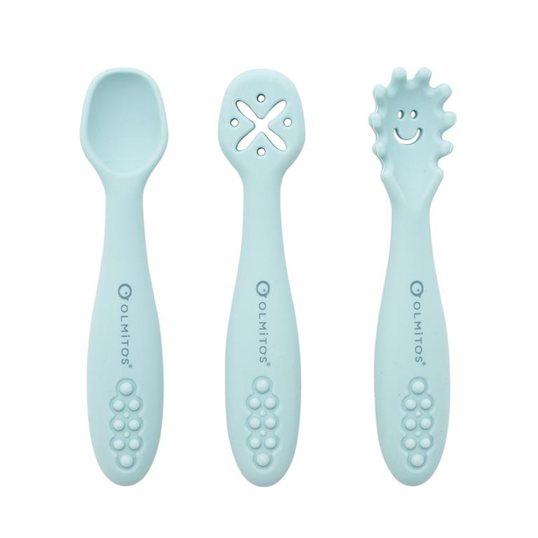 Colheres de aprendizagem Olmitos com design ergonómico, fáceis de agarrar por mãos pequenas, promovendo a autonomia.