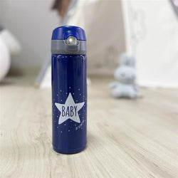Termo para líquidos Olmitos Navy de 500ml, em aço inoxidável, com padrão de estrelas e inscrição "BABY by OLMJTOS".