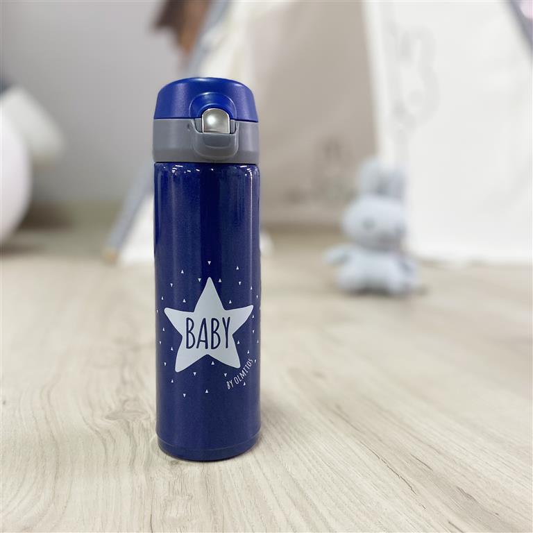 Termo para líquidos Olmitos Navy de 500ml, em aço inoxidável, com padrão de estrelas e inscrição "BABY by OLMJTOS".