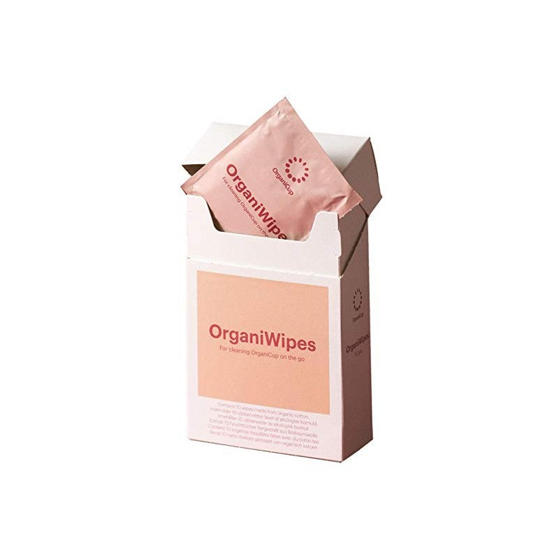 Embalagem de cartão rosa da OrganiWipes com uma toalhita individual à frente.