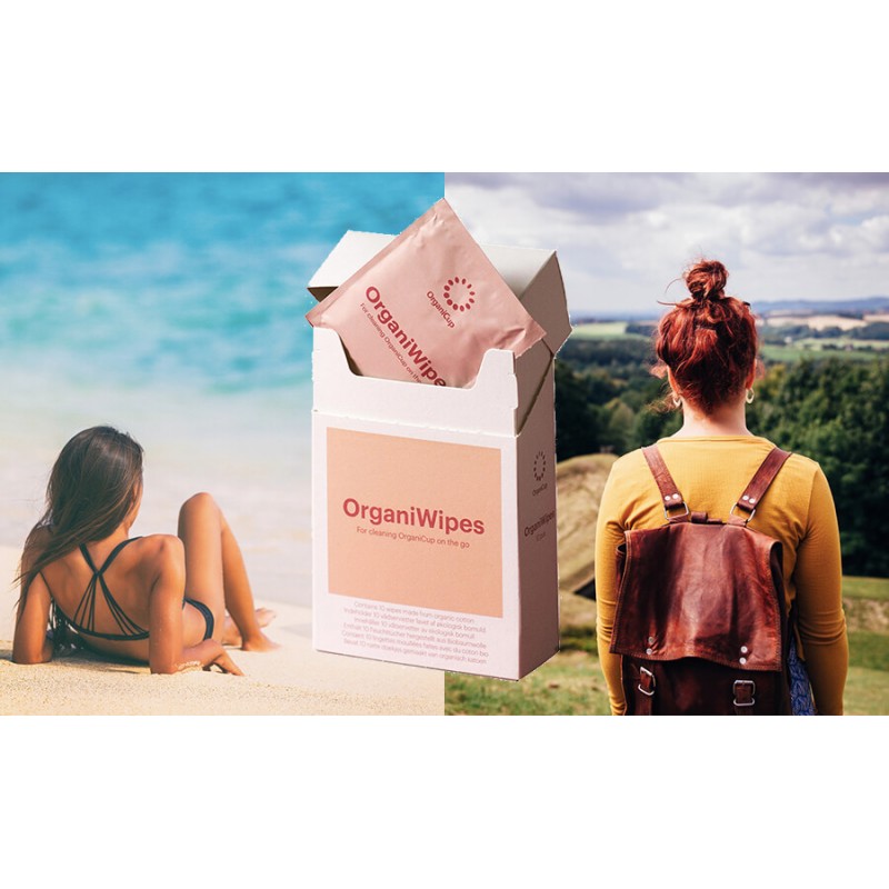 Embalagem OrganiWipes entre uma imagem de praia e uma pessoa com mochila.