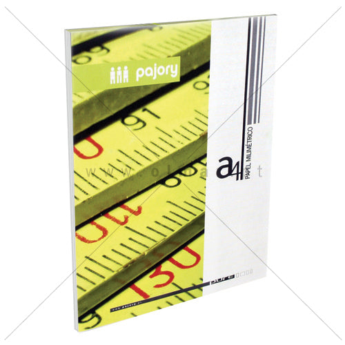 Bloco de papel Pajory A4 com 50 folhas de papel creme, pautado com grelha milimétrica em castanho. Foco na textura e padrão.