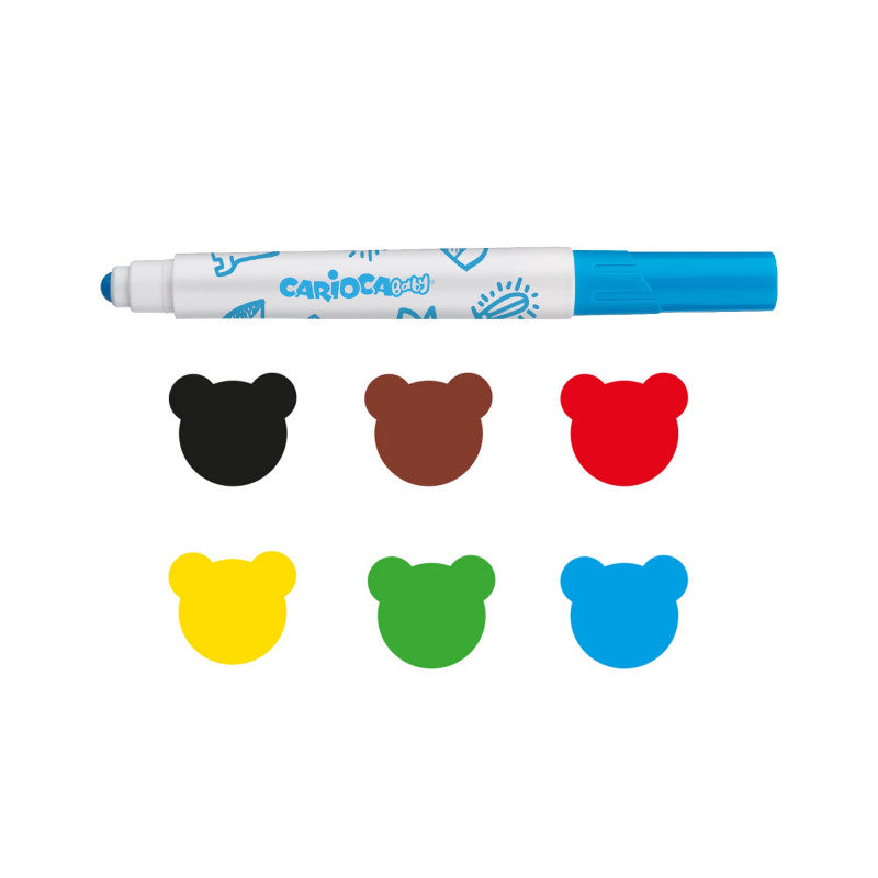 Marcador azul Carioca Baby com paleta de cores variada.