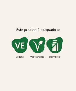 Selos de adequação do produto: VE (Vegans), Vegetariano (folha) e Dairy Free (pacote de leite), indicando que as Bolaxicas são aptas para estas dietas.