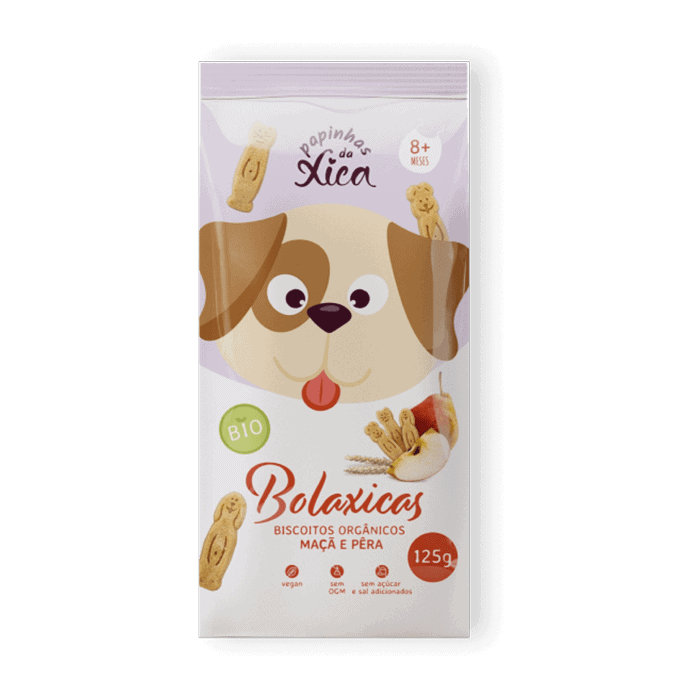 Tabela informativa de alergénios das Bolaxicas da Papinhas da Xica, destacando a ausência de vestígios de leite, ovo, soja, sésamo e frutos secos.