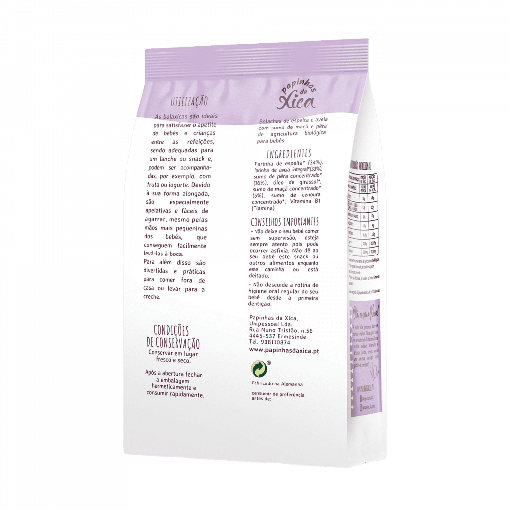 Detalhe da embalagem das Bolaxicas da Xica, mostrando informações de utilização, ingredientes, conselhos e condições de conservação em fundo branco.