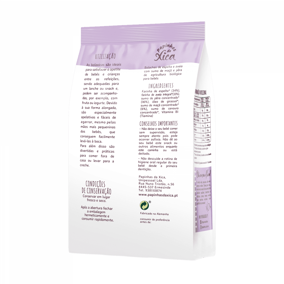 Detalhe da embalagem das Bolaxicas da Xica, mostrando informações de utilização, ingredientes, conselhos e condições de conservação em fundo branco.