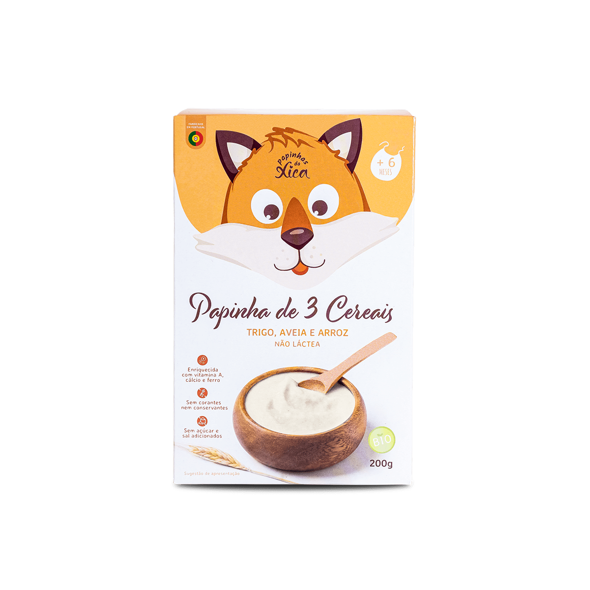 Tabela informativa de alergénios para a Papinha de 3 Cereais da Xica, destacando Trigo e Glúten.