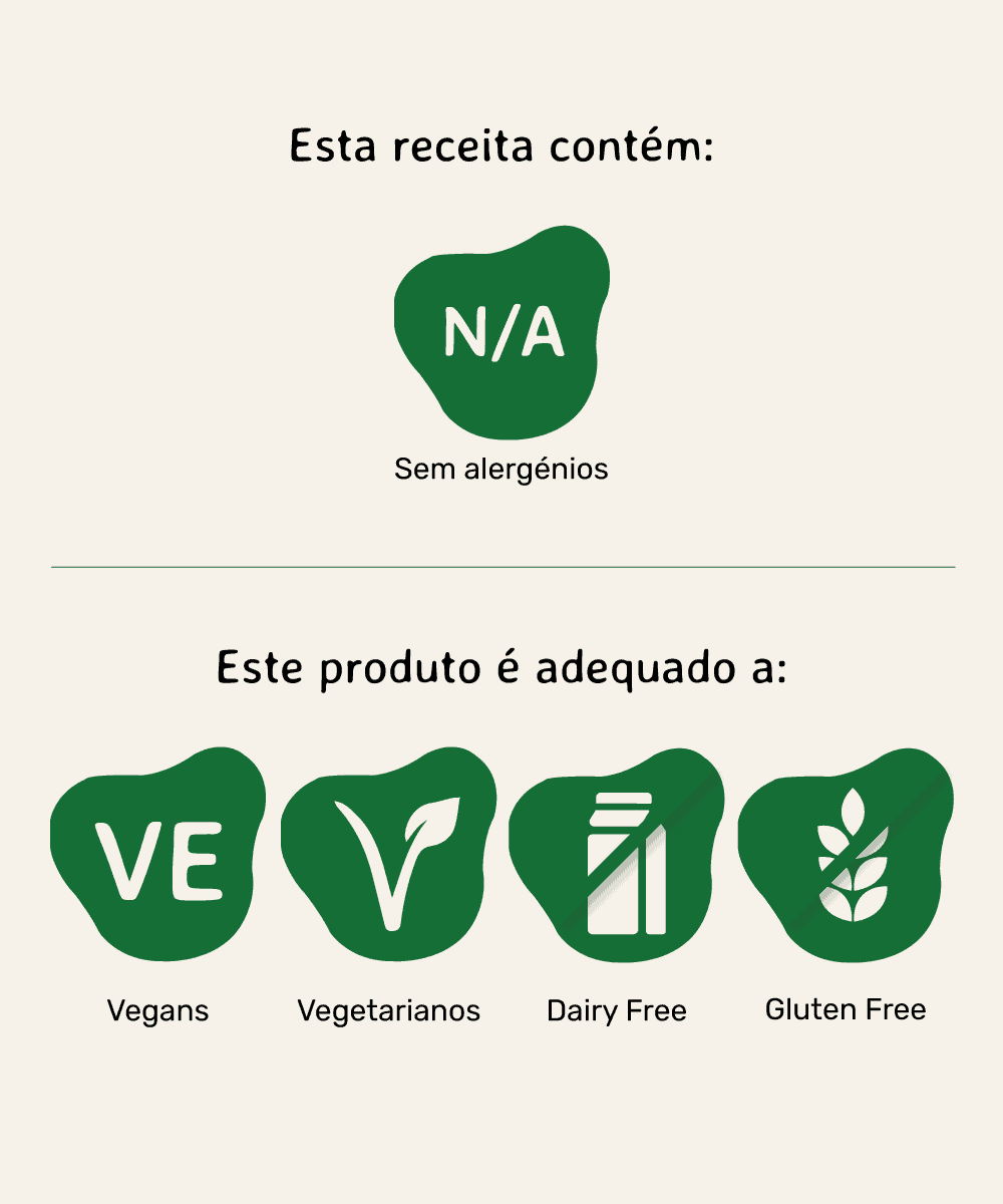 Ícones de certificação alimentar: "Sem alergénios" (N/A), "Vegans" (VE), "Vegetarianos", "Dairy Free" (sem lactose) e "Gluten Free" (sem glúten).