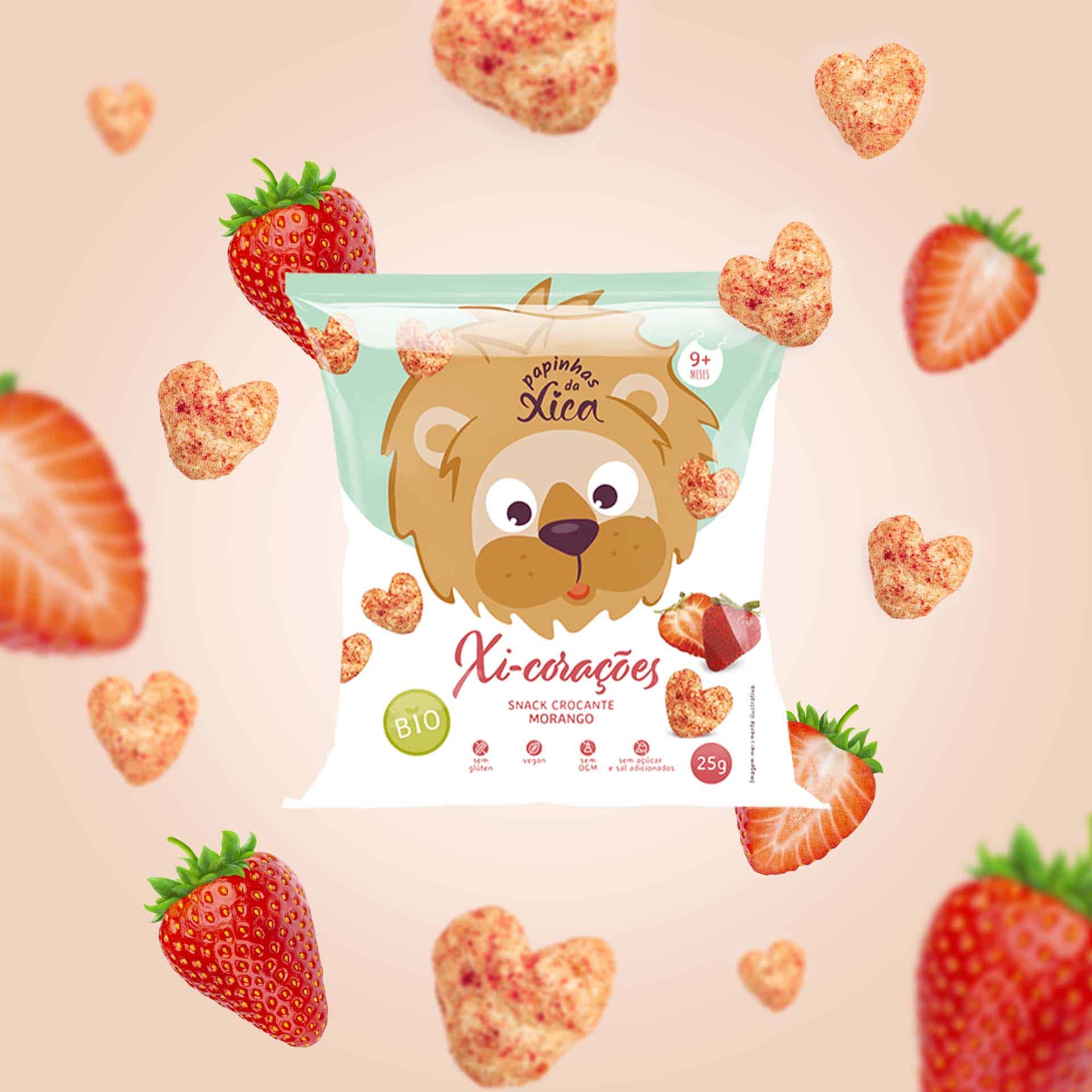 Tabela informativa sobre alergénios dos snacks Xi-Corações da Papinhas da Xica, indicando ausência de glúten, lactose, ovos, soja, etc.