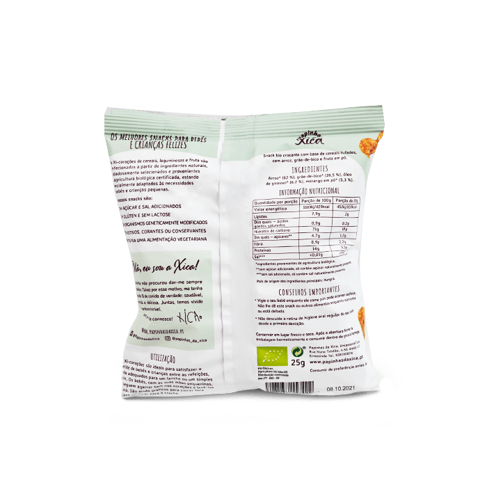 Verso da embalagem dos snacks Xi-Corações da Papinhas da Xica, mostrando a informação nutricional, ingredientes e modo de utilização em português.