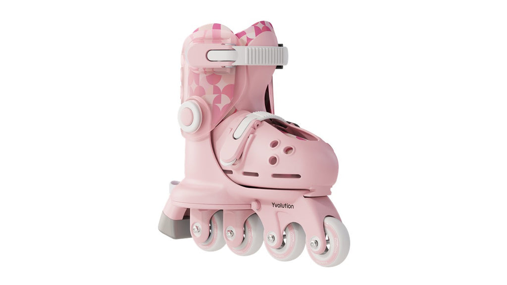 Patim Yvolution Twista rosa em modo paralelo, destacando o forro interior estampado e o fecho superior.