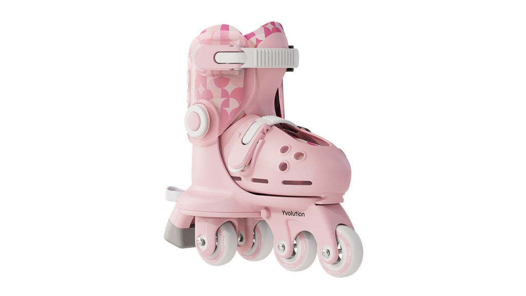 Patim individual Yvolution Twista cor-de-rosa em modo paralelo, mostrando o fecho e a estrutura de suporte.