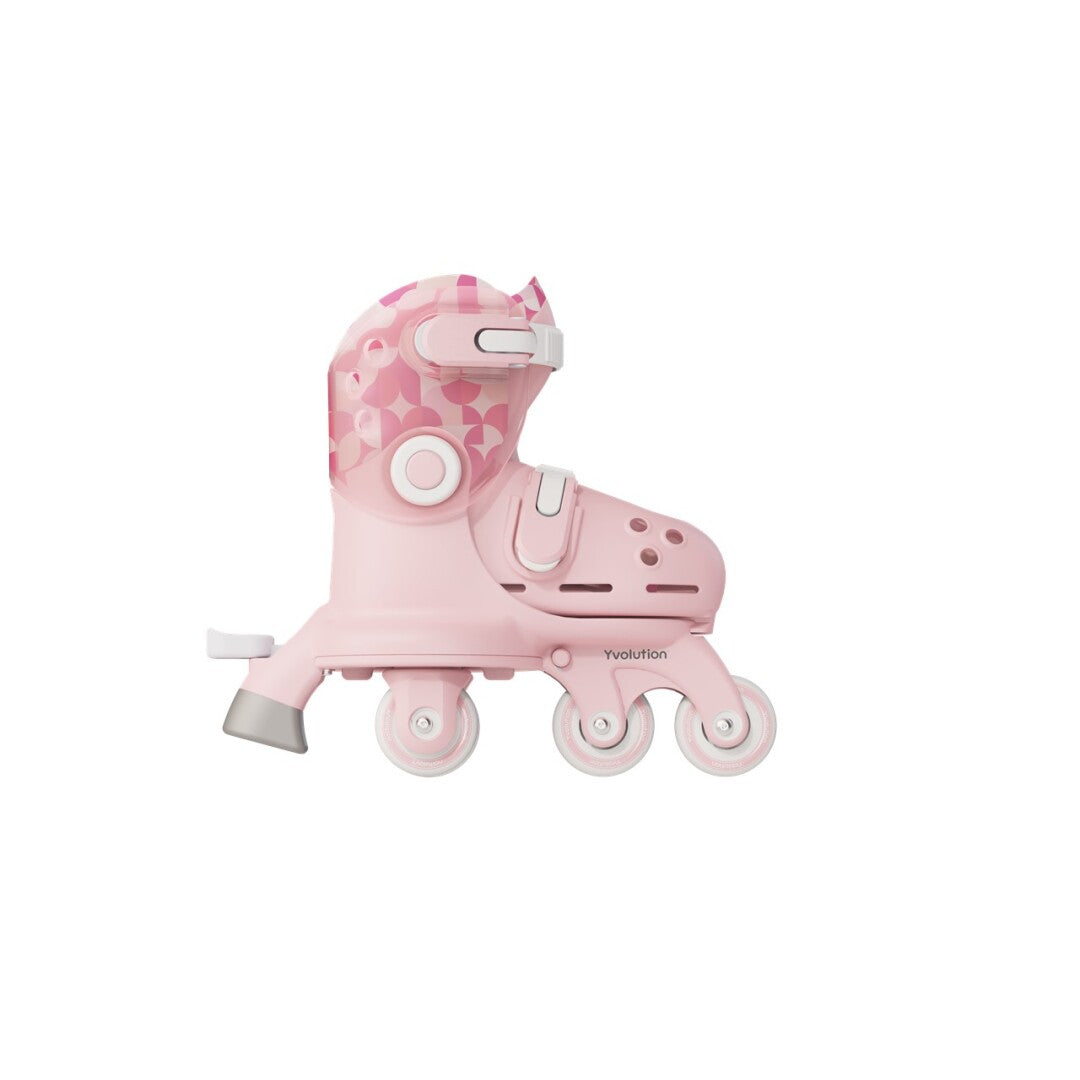 Patim Yvolution Twista rosa em modo paralelo, visto de perfil, com o calcanhar destacado.