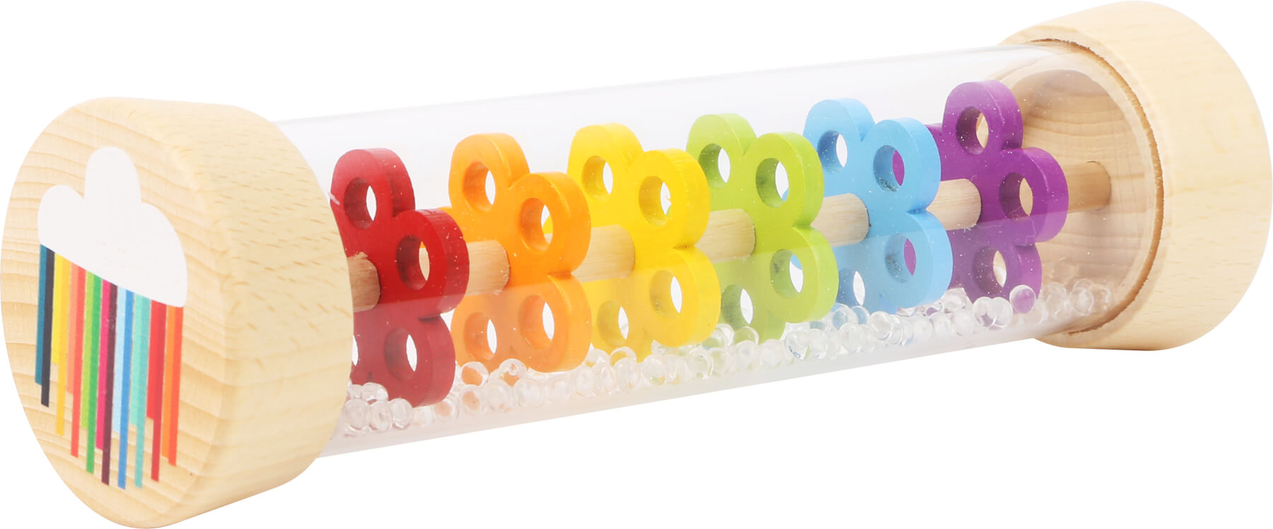 Pau de chuva transparente small foot com peças coloridas em forma de flor e bolinhas, ideal para o desenvolvimento sensorial de bebés.