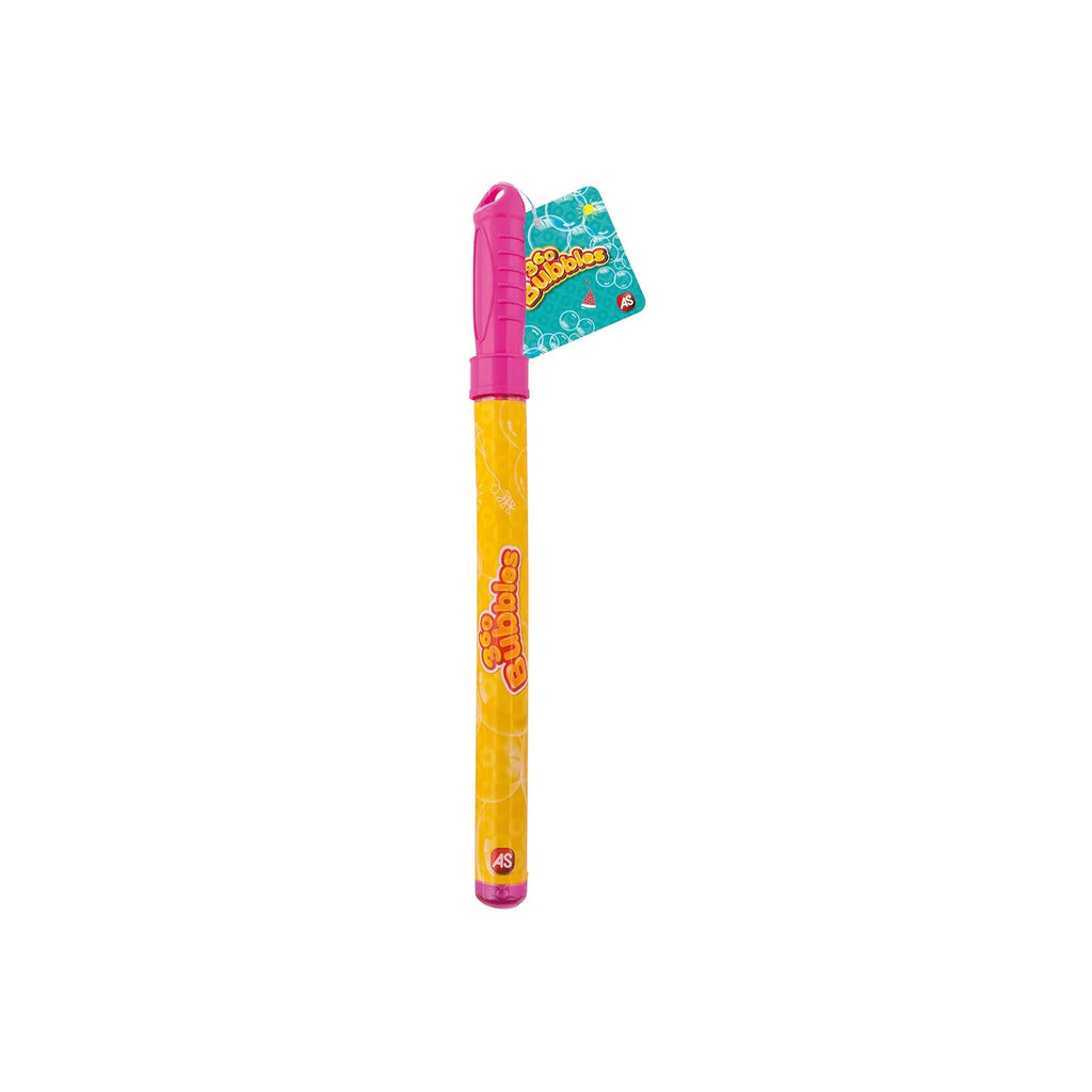 Detalhe da pistola de bolhas de sabão, modelo amarelo e rosa da AS Company, pronta a usar.