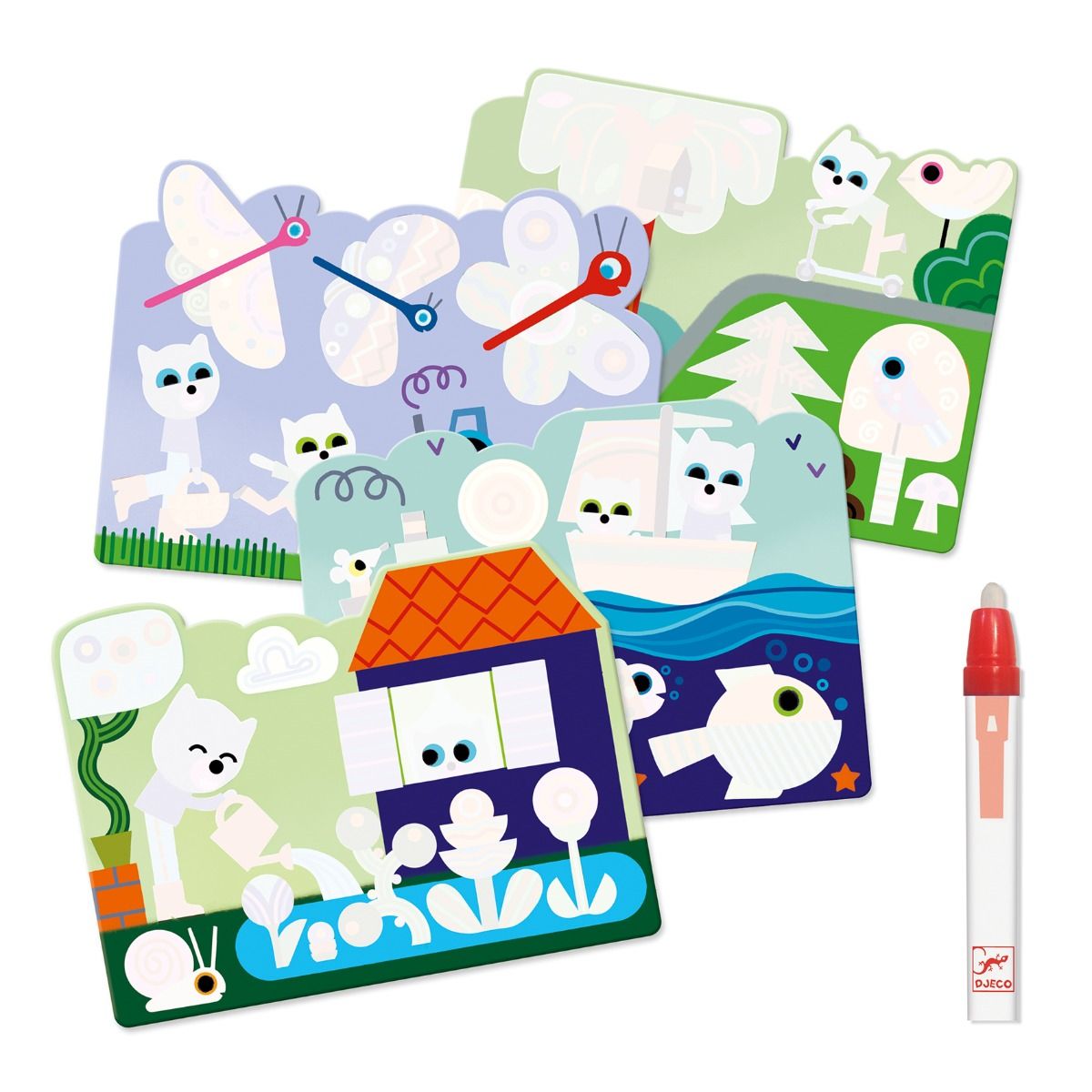 Placas de colorir mágico Djeco e caneta de água em destaque