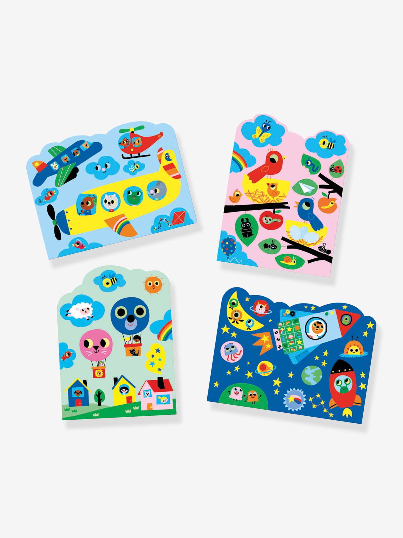 Quatro placas ilustradas com temas de aviões, natureza, balões de ar quente e espaço para colorir