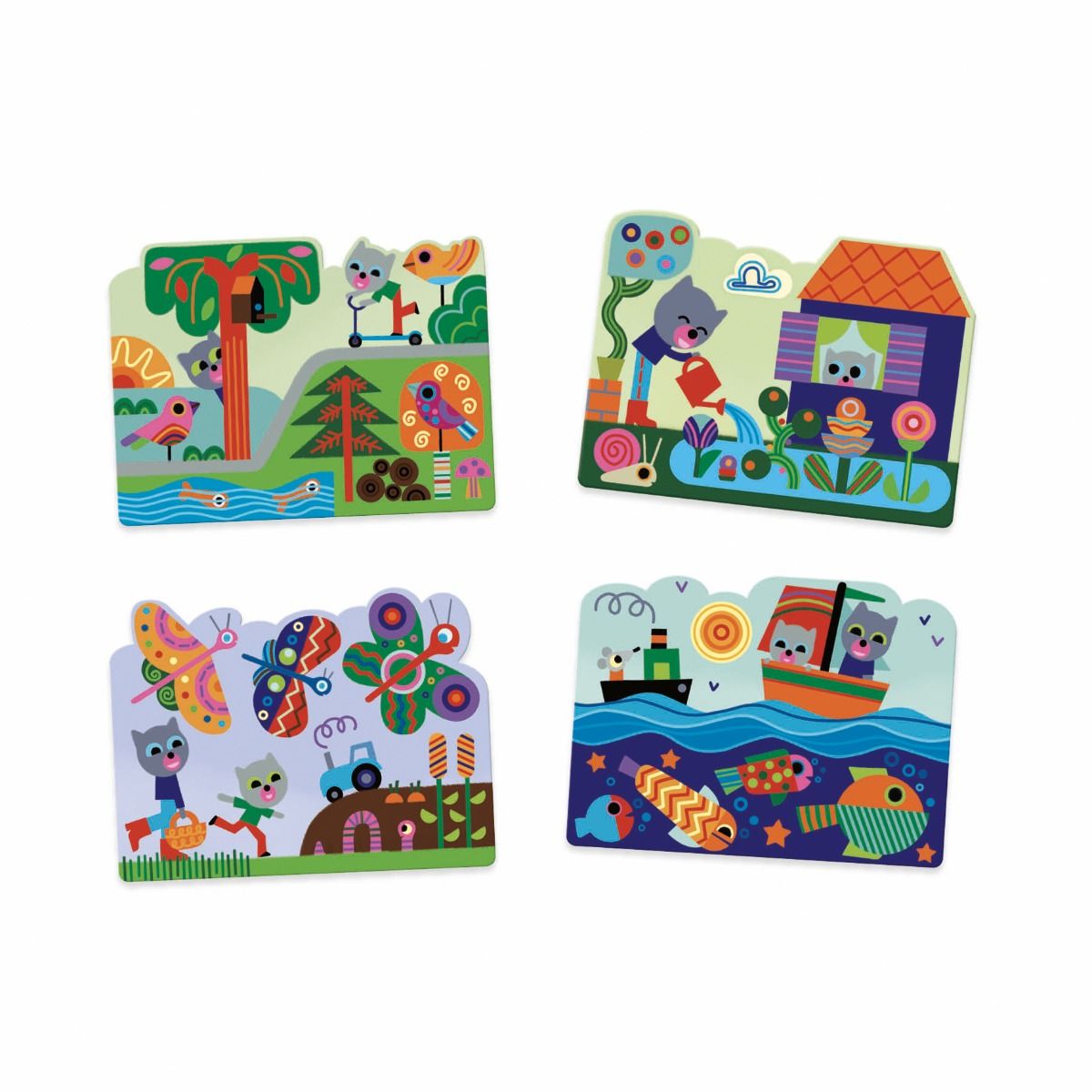 As quatro placas ilustradas do conjunto de colorir mágico Djeco