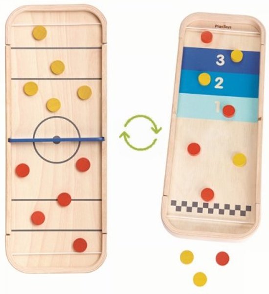 Plantoys Shuffleboard 2-em-1: imagem mostrando os dois lados do tabuleiro de jogo de madeira, com peças coloridas e design divertido.