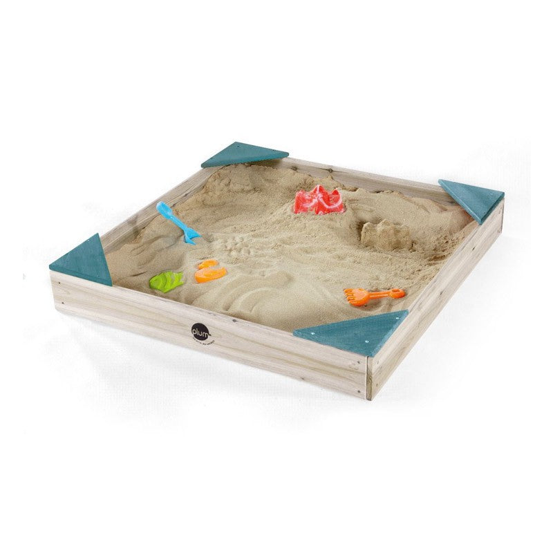 Vista superior da caixa de areia Plum vazia, destacando as dimensões de 90x90cm e a profundidade adequada para areia infantil.