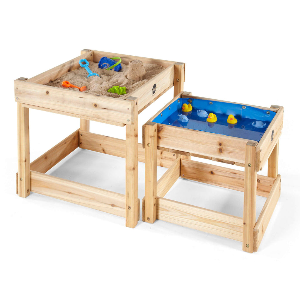Conjunto de duas mesas quadradas de madeira Plum para areia e água, ideais para brincar no jardim.