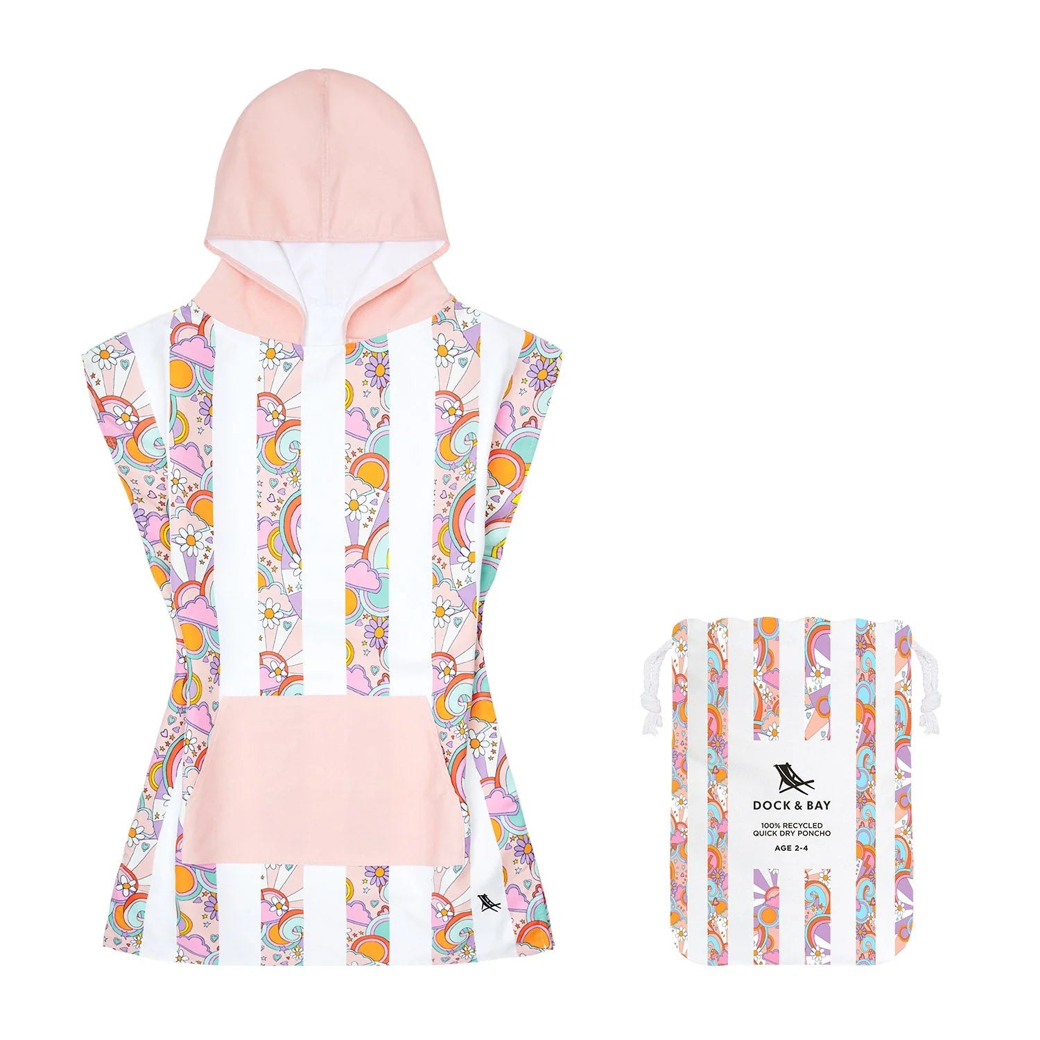 Poncho de praia com padrao colorido e bolsa de transporte.