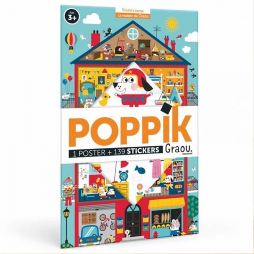 Embalagem do poster Poppik DISCOVERY "A Casa", mostrando a ilustração colorida e a indicação de "1 Poster + 49 Autocolantes" e idade recomendada a partir dos 4 anos.