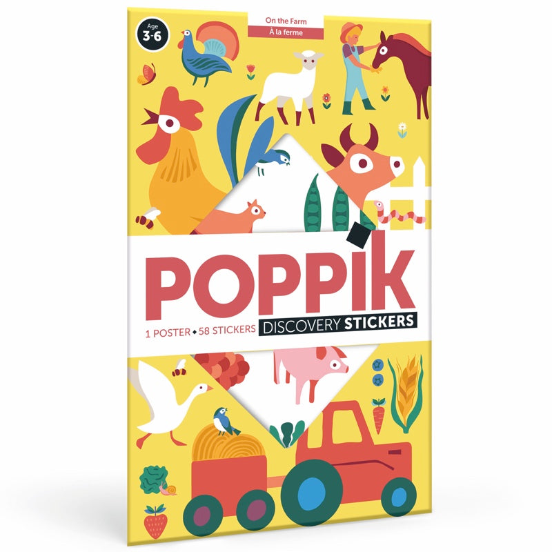 Embalagem Poppik DISCOVEY "A Quinta" com ilustração colorida de animais de quinta e trator, destacando o conceito de autocolantes reposicionáveis.