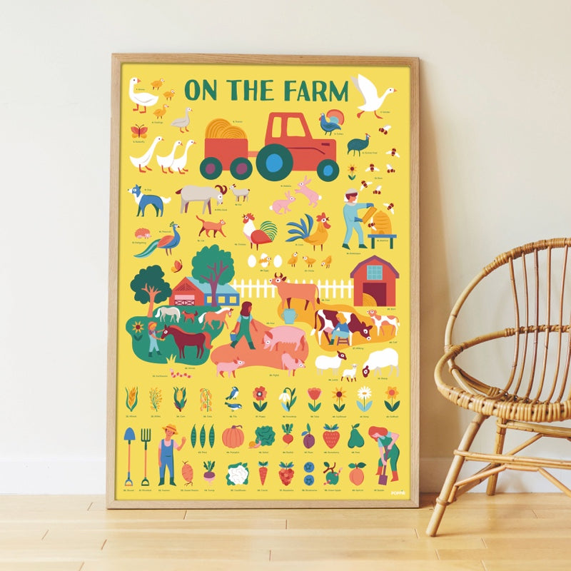 Póster educativo desdobrado (1m x 68cm) com o cenário da quinta pronto para ser preenchido com os autocolantes.