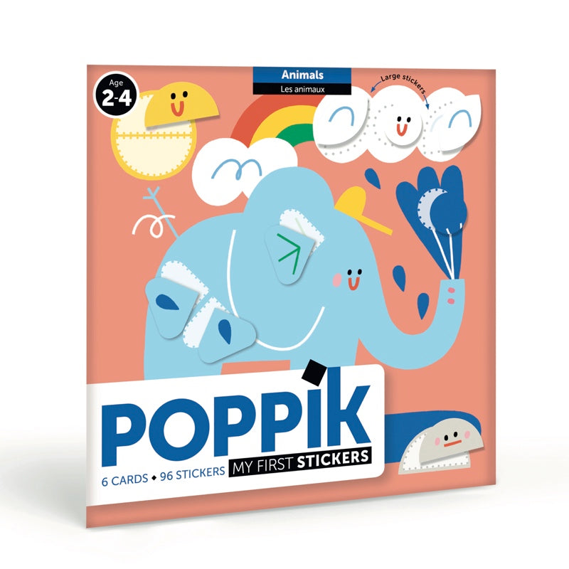 Embalagem do Poppik POPBABY com ilustrações coloridas de animais e o título "Os meus primeiros autocolantes reposicionáveis". Ideal para 2 anos+.