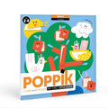 Criança pequena a interagir com os autocolantes Poppik POPBABY, aplicando-os num dos painéis, desenvolvendo a motricidade fina.