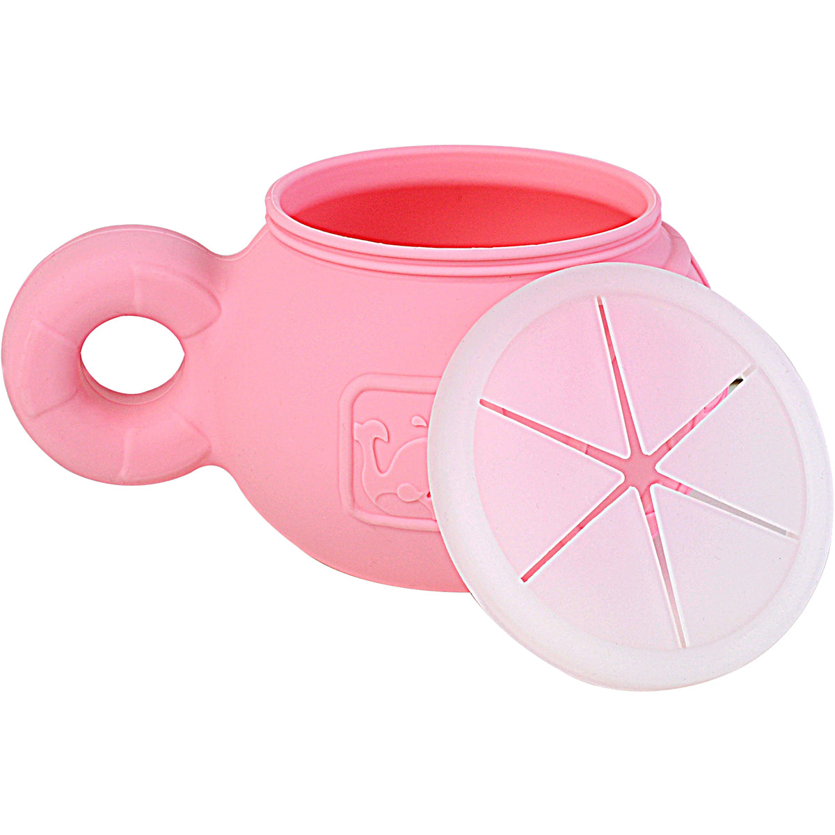 Porta snacks rosa Marcus & Marcus com tampa de silicone aberta.